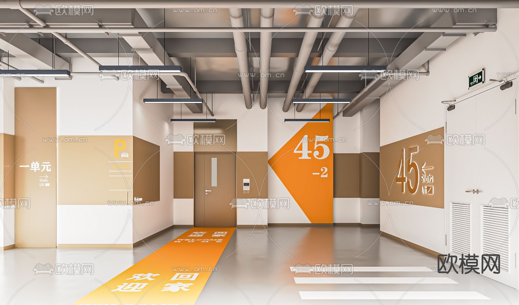 现代地下停车场电梯厅su模型下载