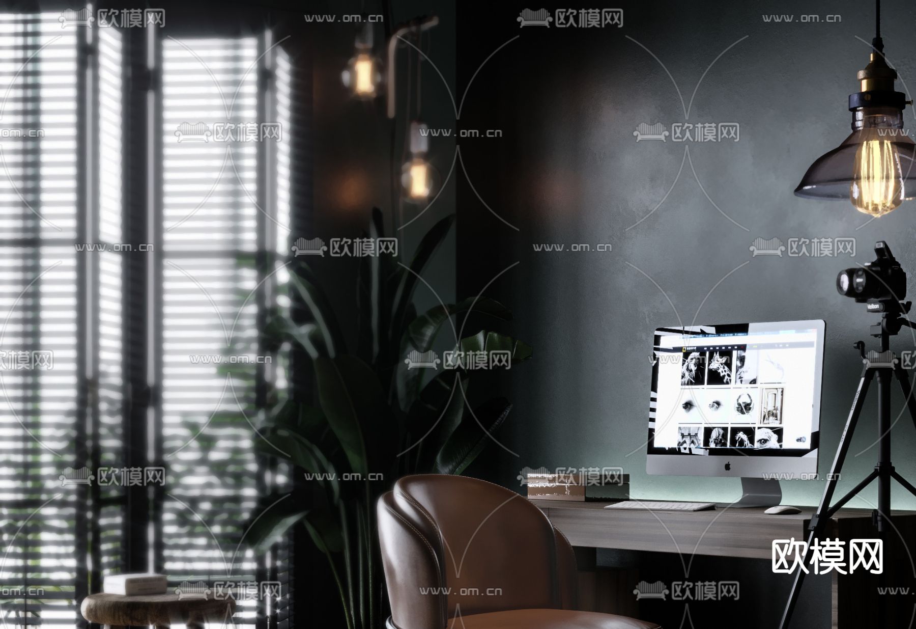 暗黑风书桌椅3d模型下载（渲染图2）