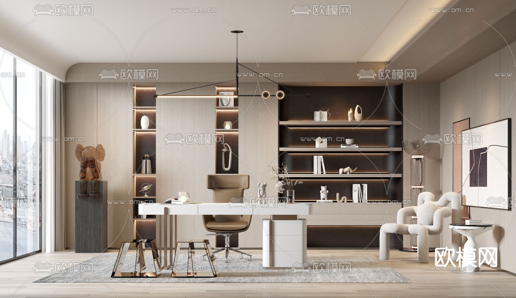 奶油风书房3d模型下载_ID13049263_3dmax免费模型-欧模网