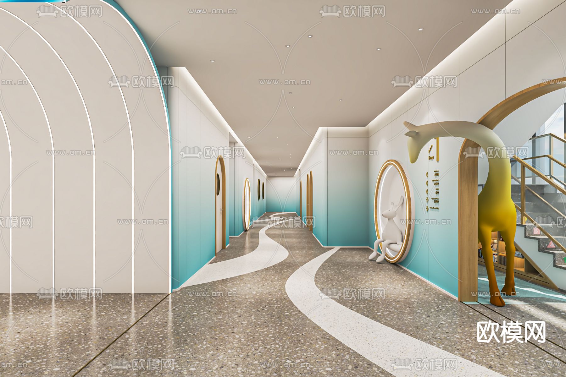 现代幼儿园过道 走廊su模型下载