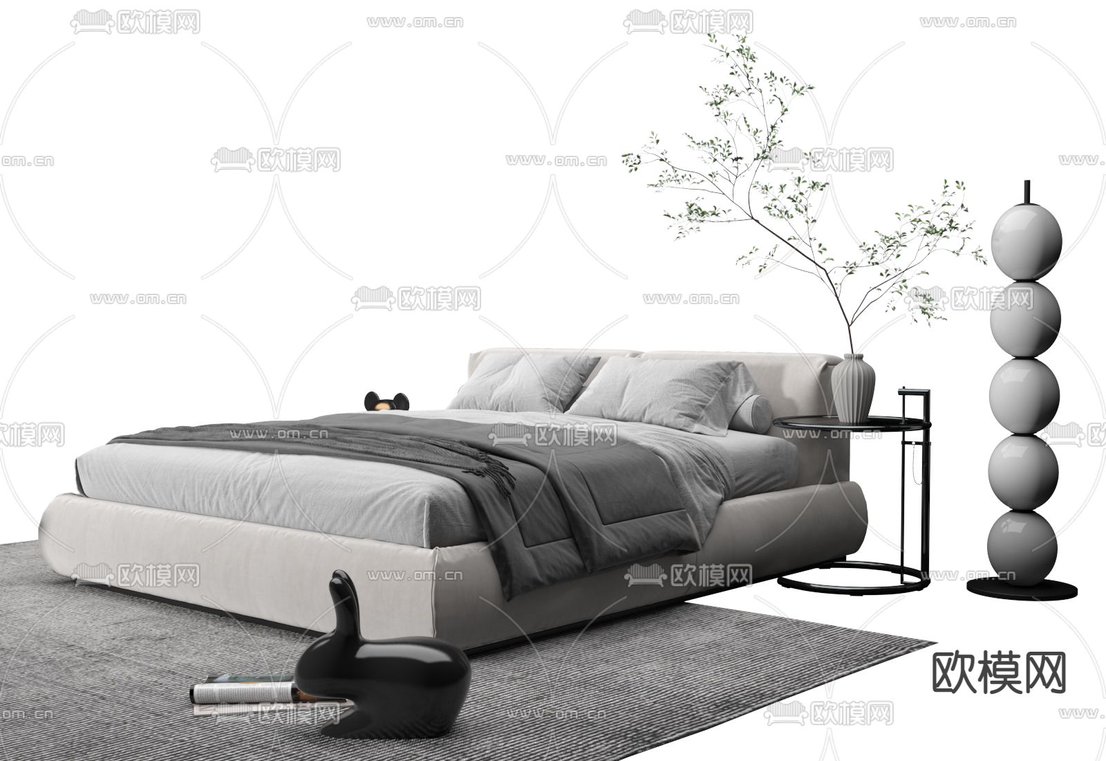 侘寂双人床3d模型下载（渲染图1）