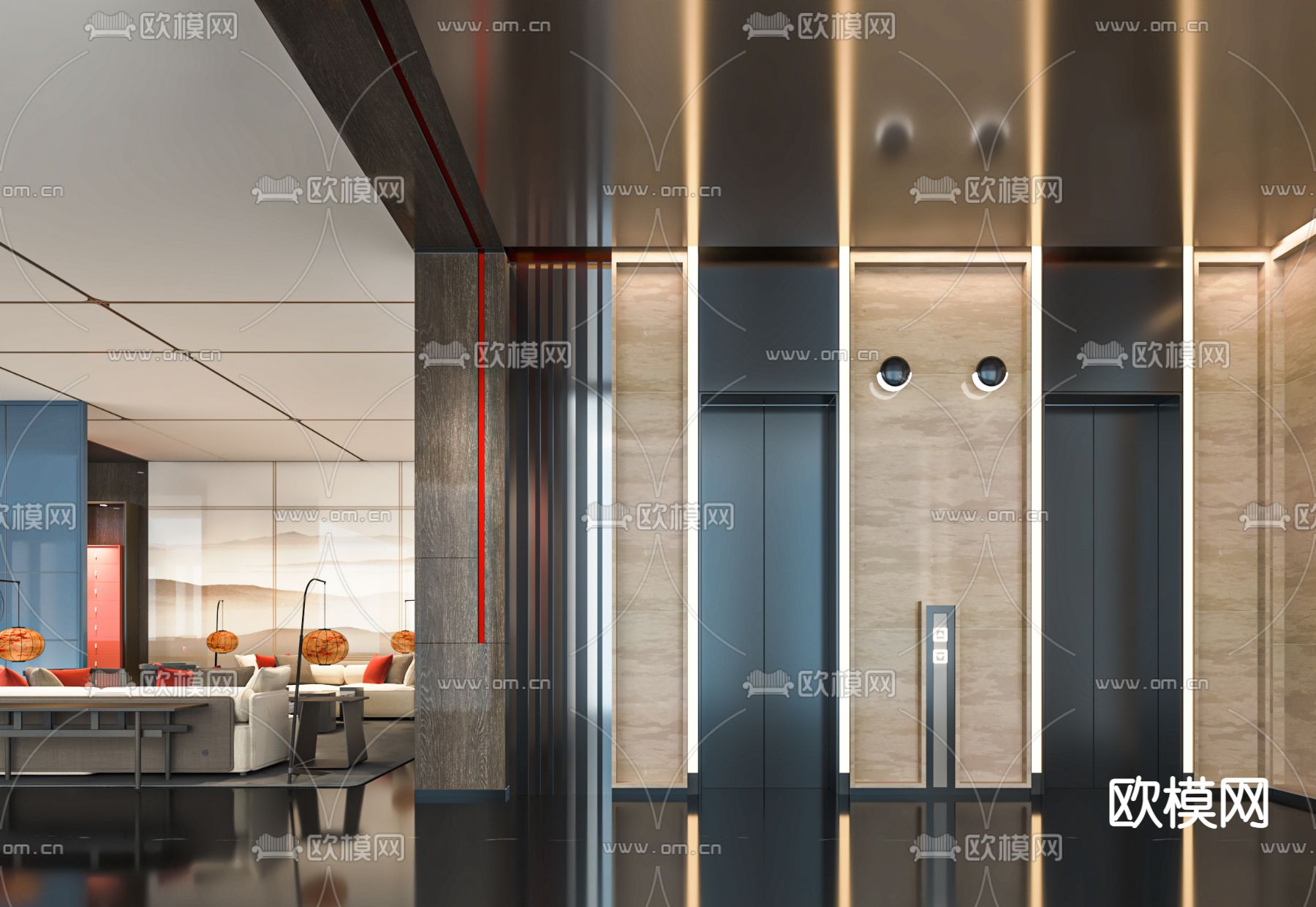 现代酒店电梯间 电梯厅su模型下载