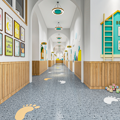  现代幼儿园过道 走廊su模型 