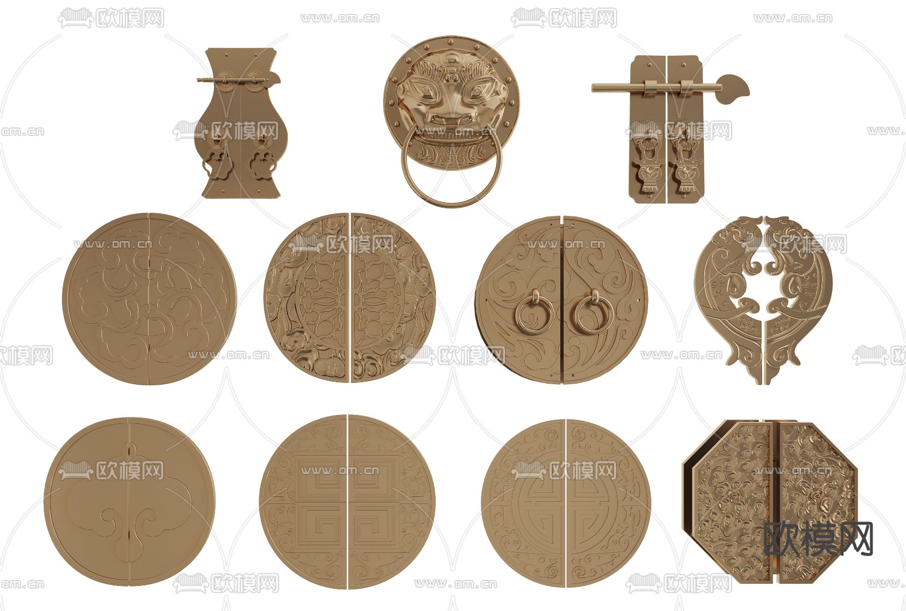 中式门把手 狮头拉环 铜拉手3d模型下载