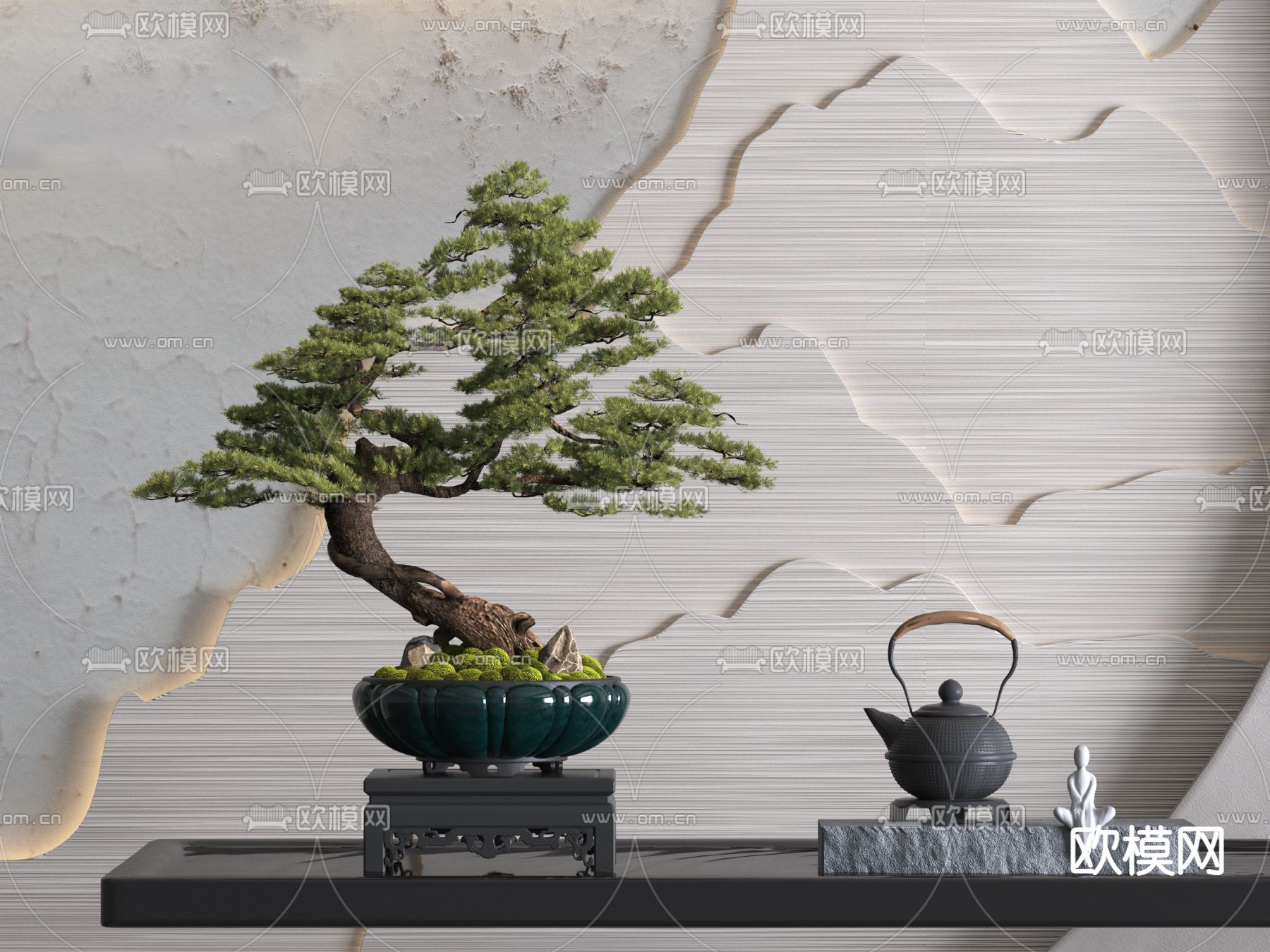 新中式盆栽 松树盆景 3d模型下载_ID13047460_3dmax免费模型-欧模网