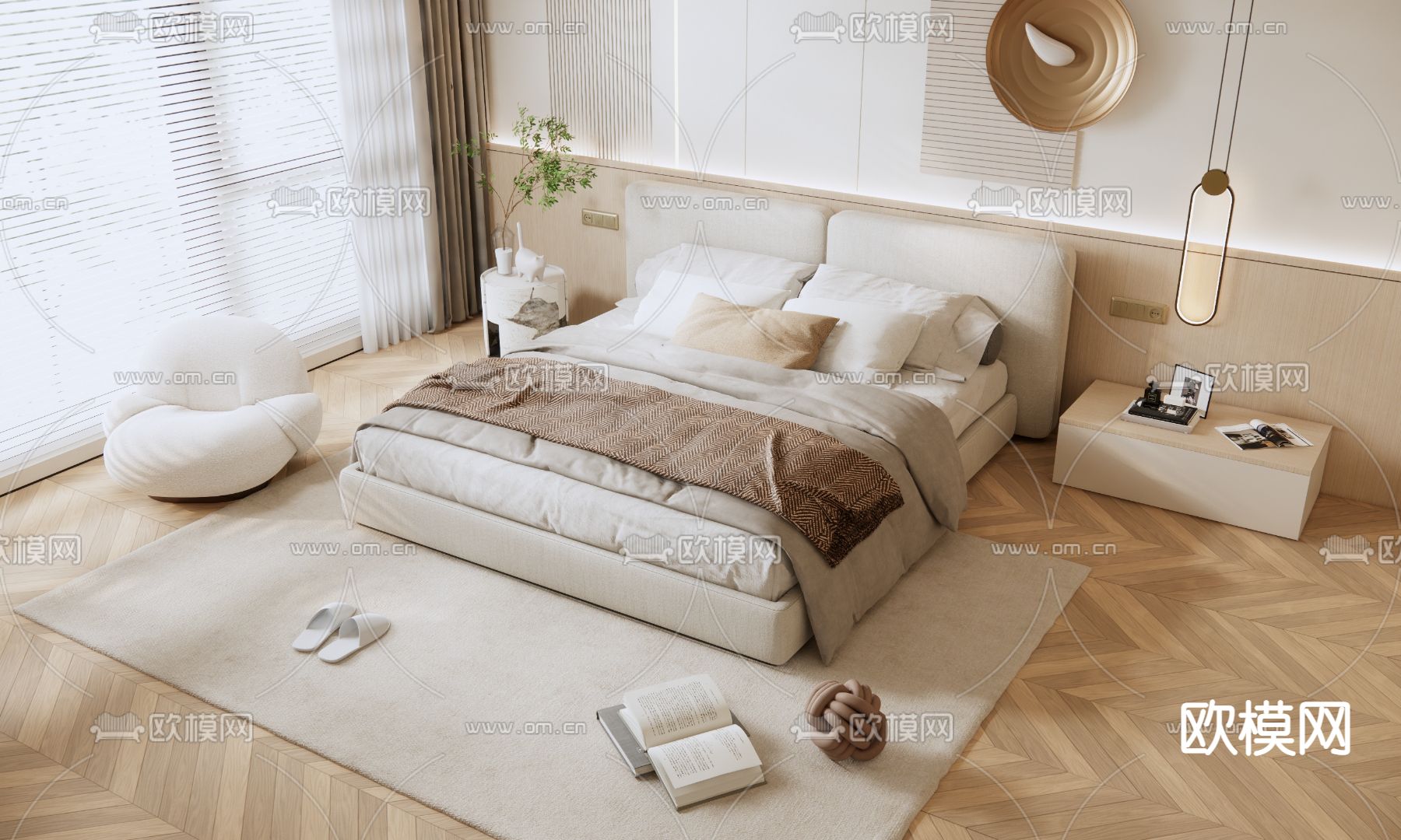 奶油风双人床3d模型下载