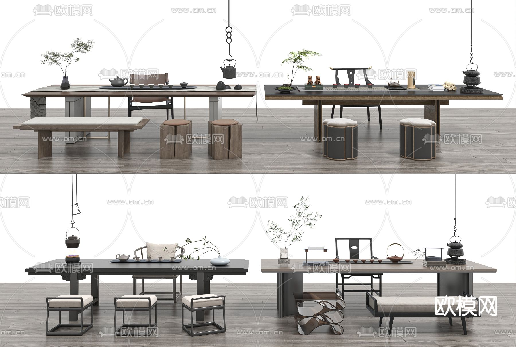 新中式实木茶桌椅su模型下载（渲染图1）