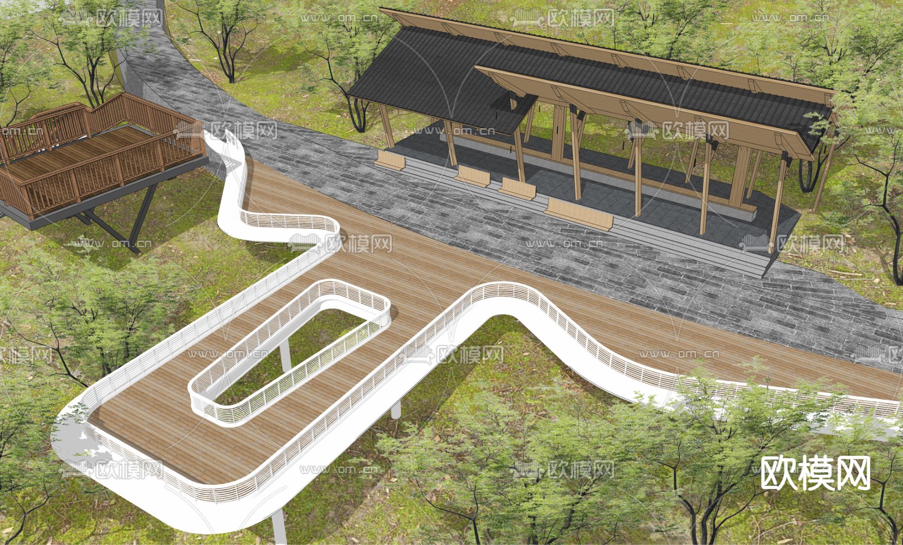 现代休闲景观台 山地公园su模型