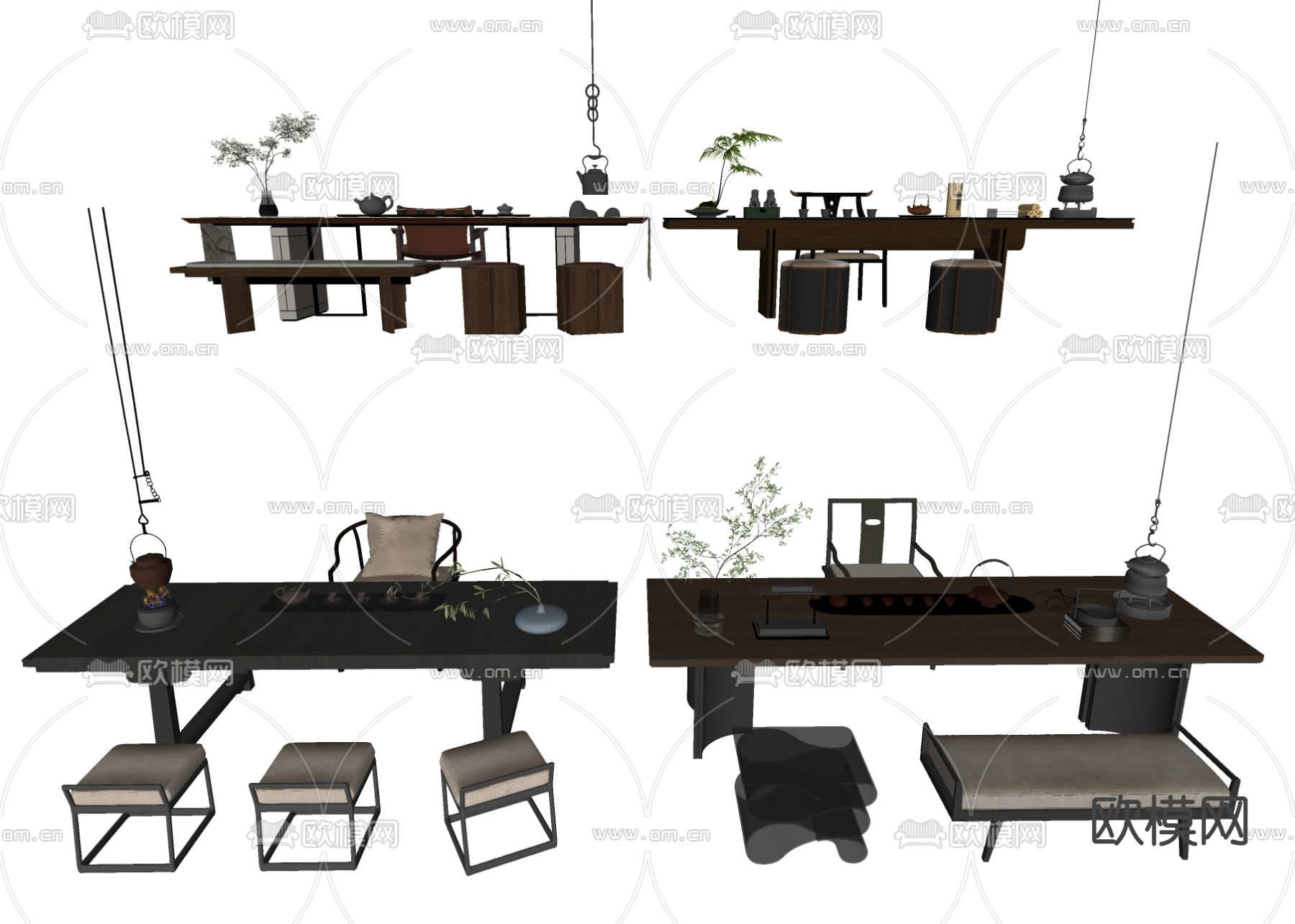 新中式实木茶桌椅su模型下载（渲染图2）