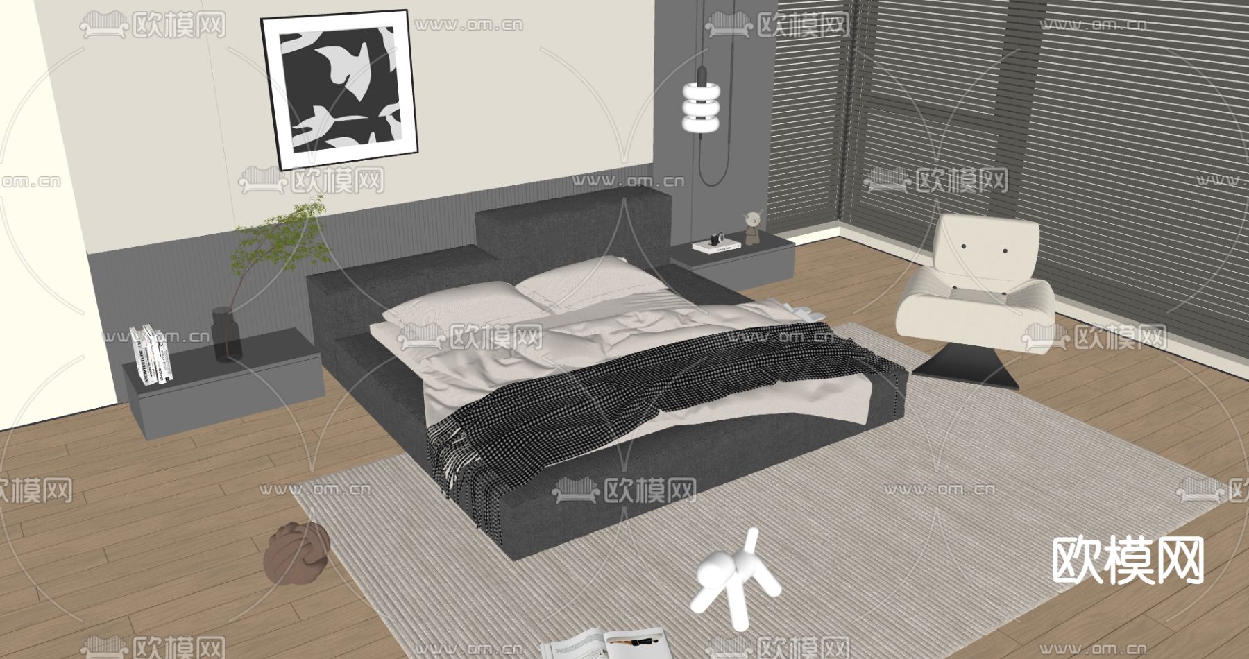 现代布艺双人床su模型下载（渲染图2）