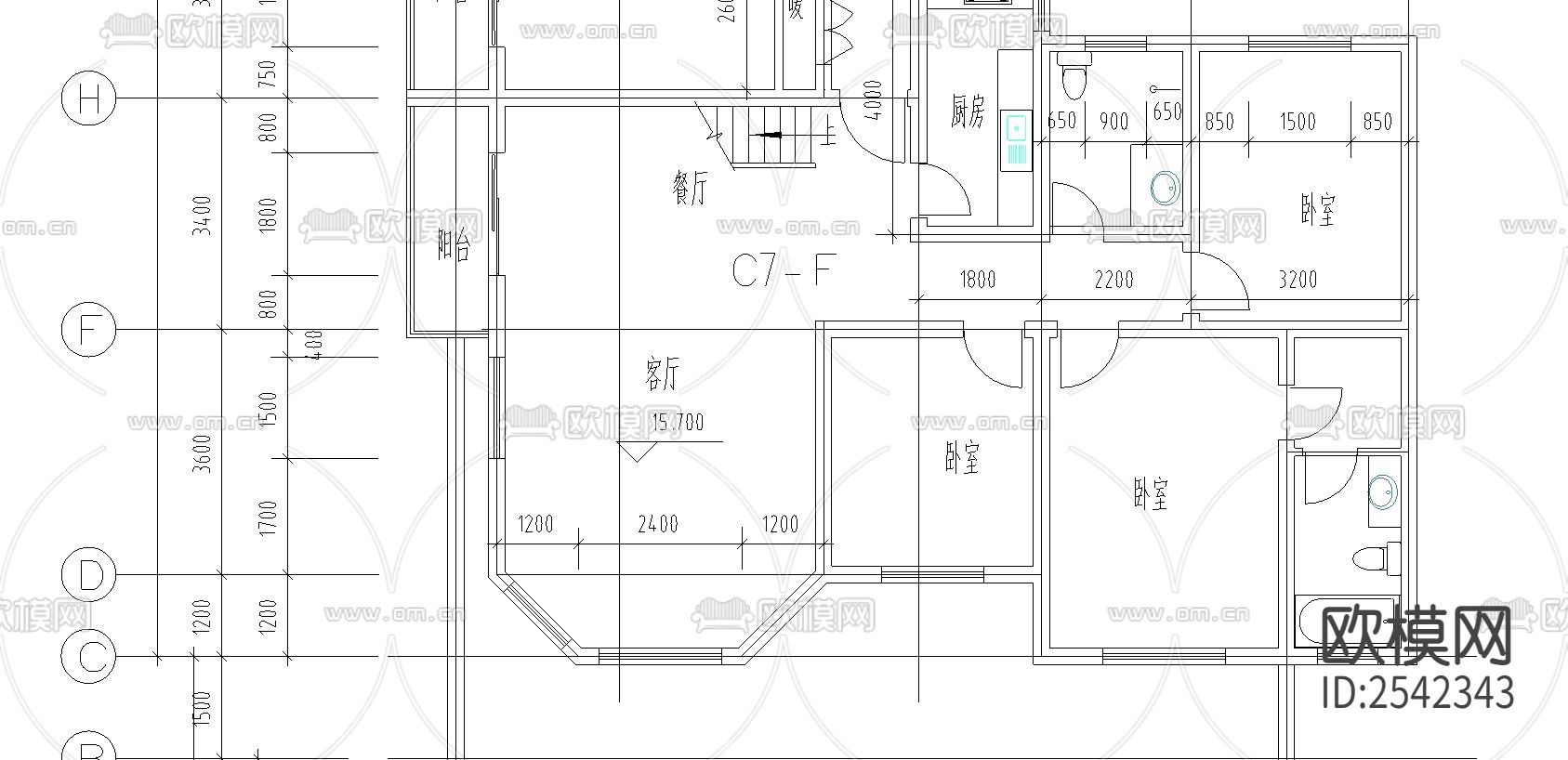 小区平层cad平面布置图下载（渲染图3）