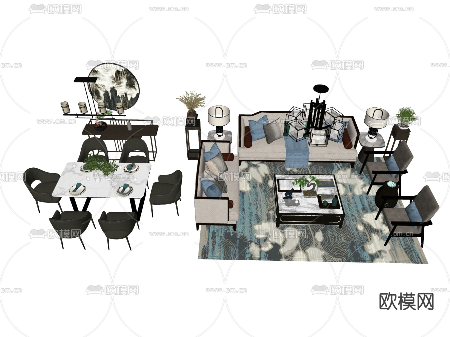 新中式沙发组合su模型下载（渲染图2）