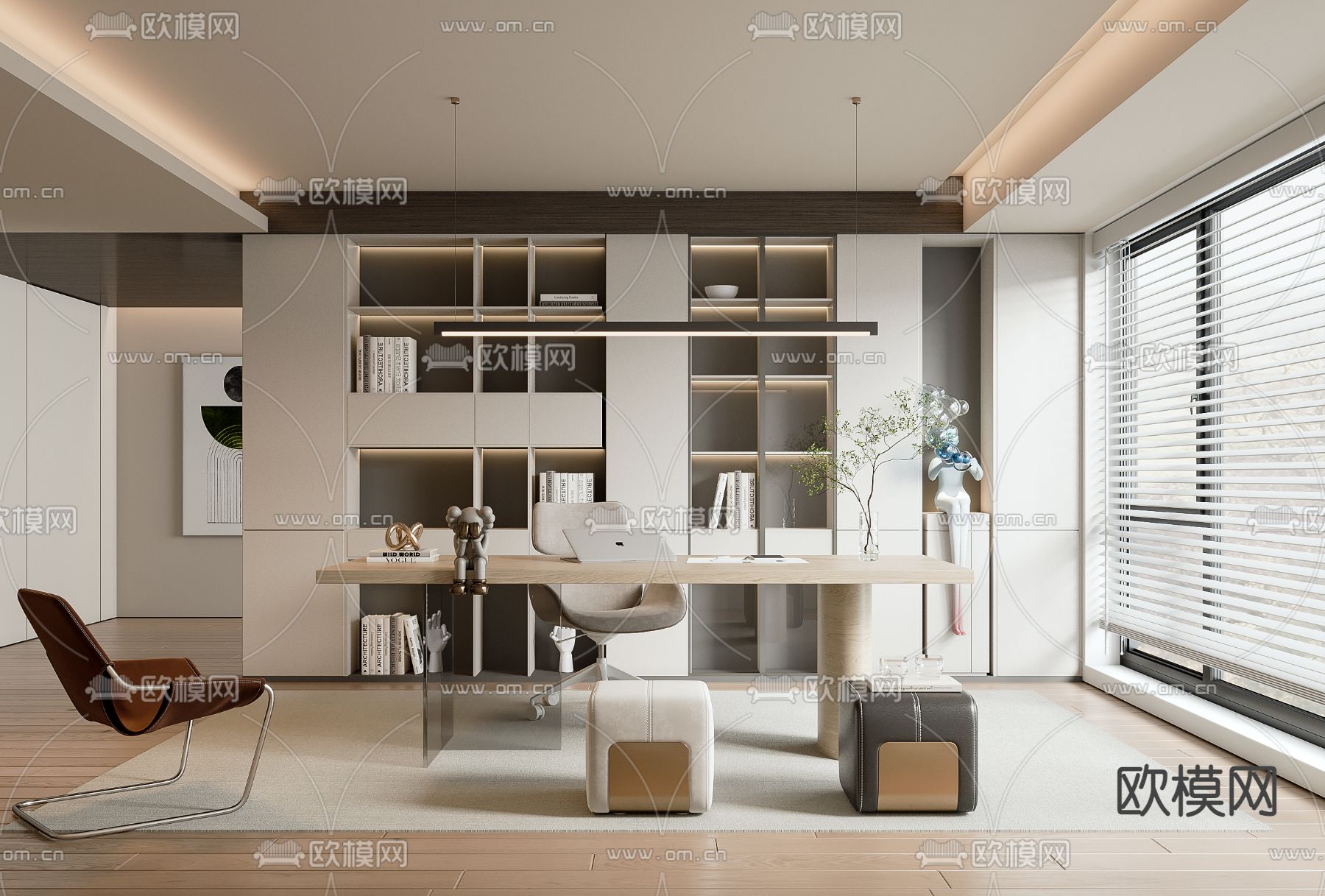 奶油风书房3d模型下载_ID13049823_3dmax免费模型-欧模网