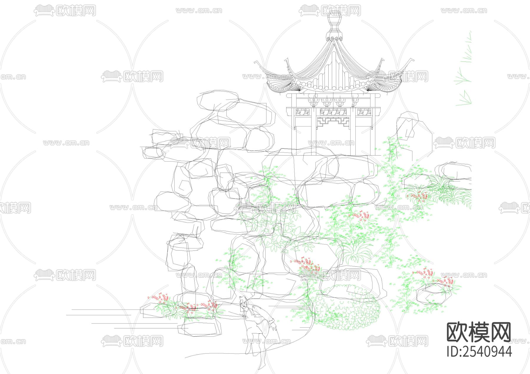假山立面图节点大样下载（渲染图2）