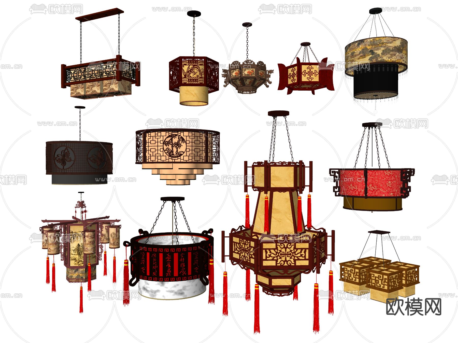 中式吊灯 方形花格吊灯su模型下载（渲染图2）