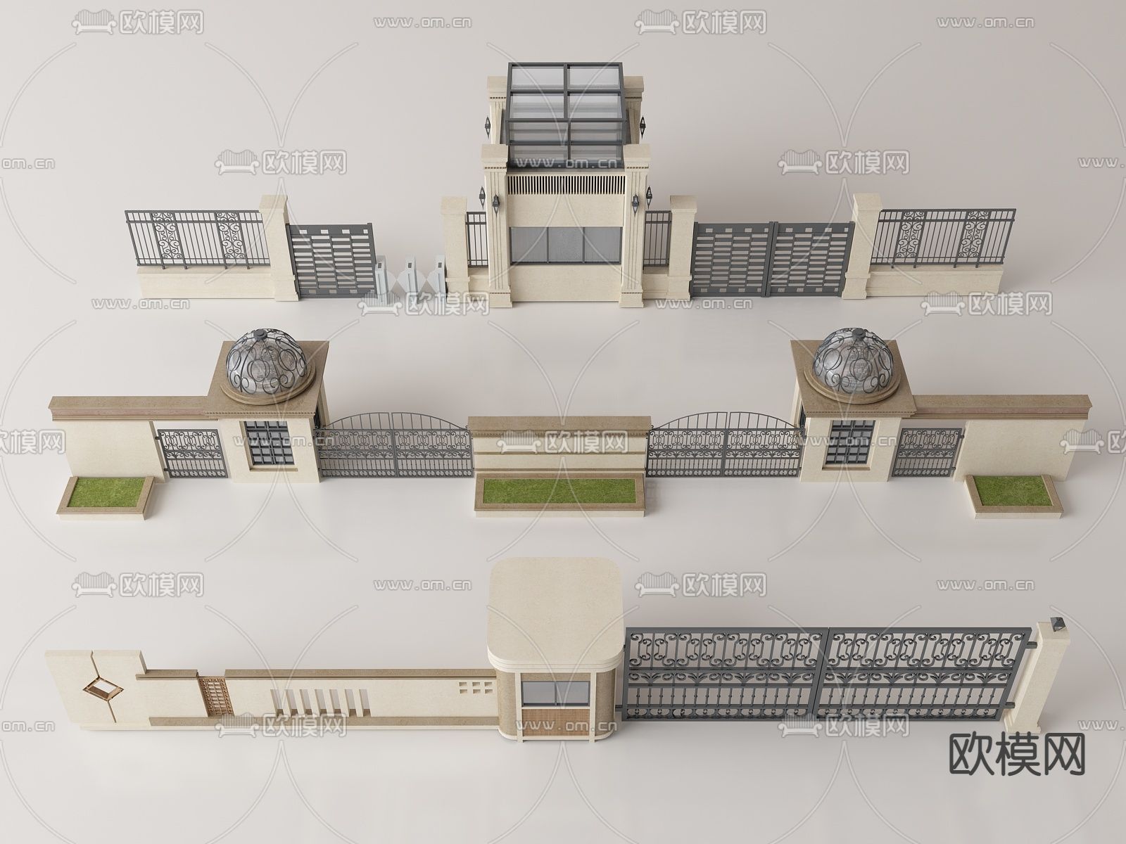欧式入口大门 庭院大门 住宅小区入口大门 岗亭 保安亭su模型下载（渲染图1）