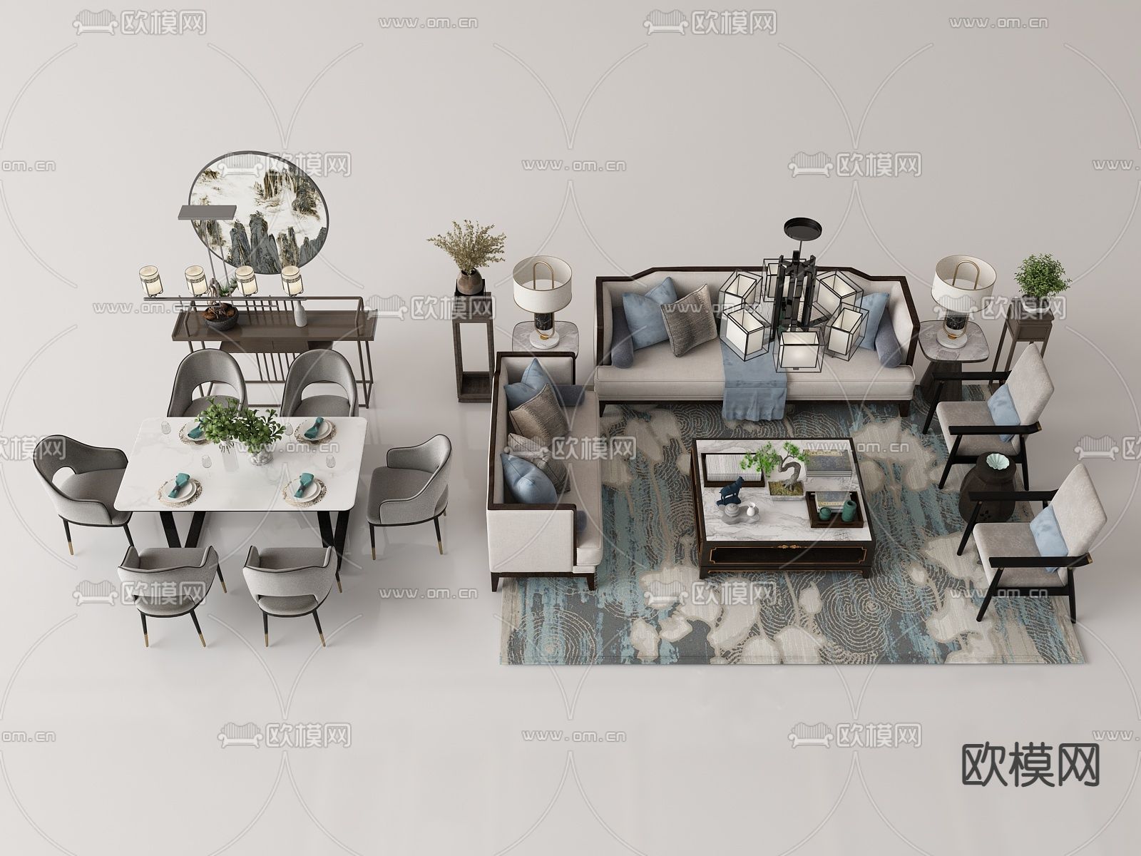 新中式沙发组合su模型下载（渲染图1）