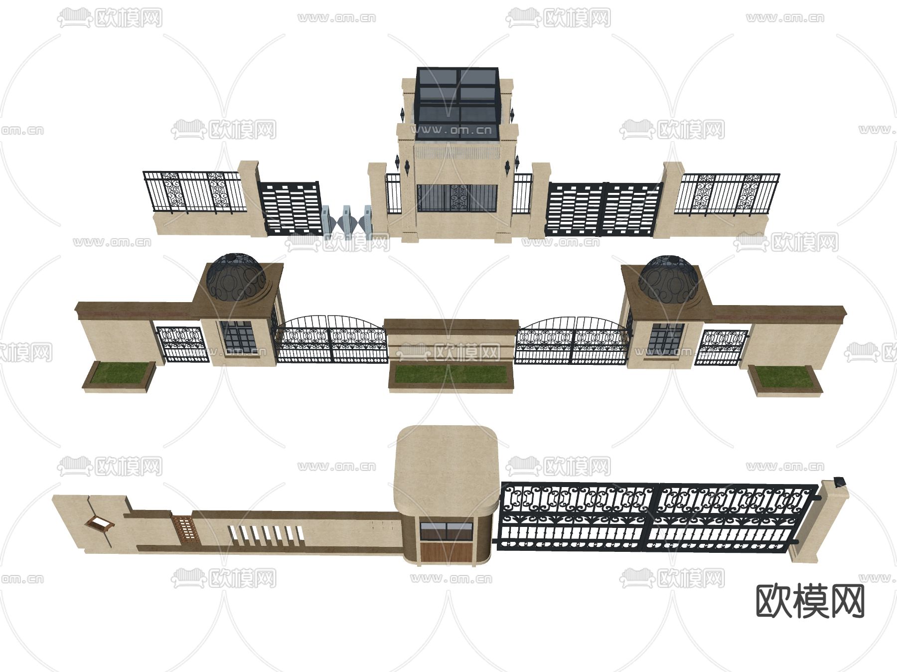 欧式入口大门 庭院大门 住宅小区入口大门 岗亭 保安亭su模型下载（渲染图2）