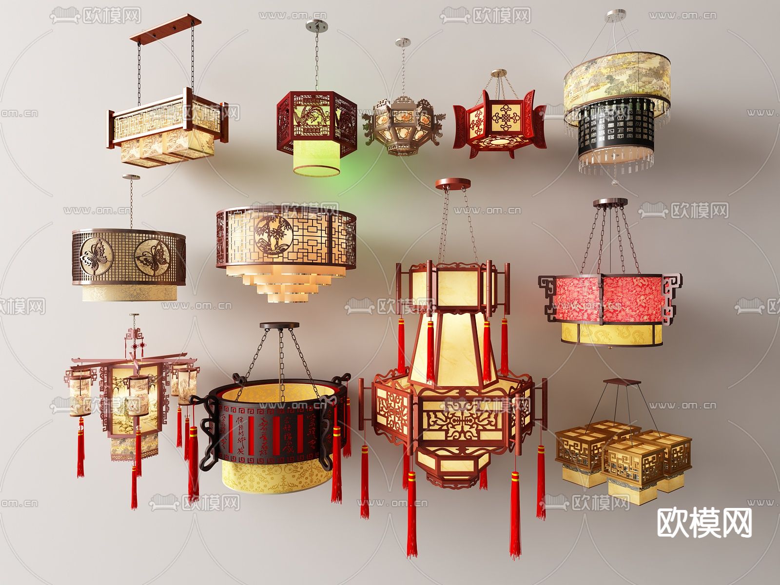中式吊灯 方形花格吊灯su模型下载（渲染图1）