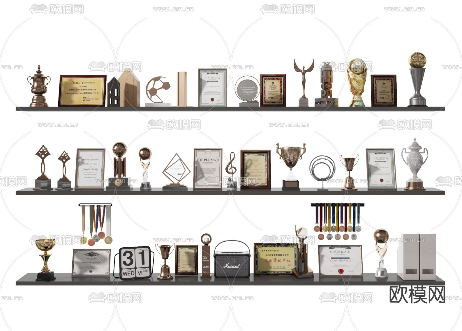 奖状 奖杯 奖章 荣誉证书3d模型下载