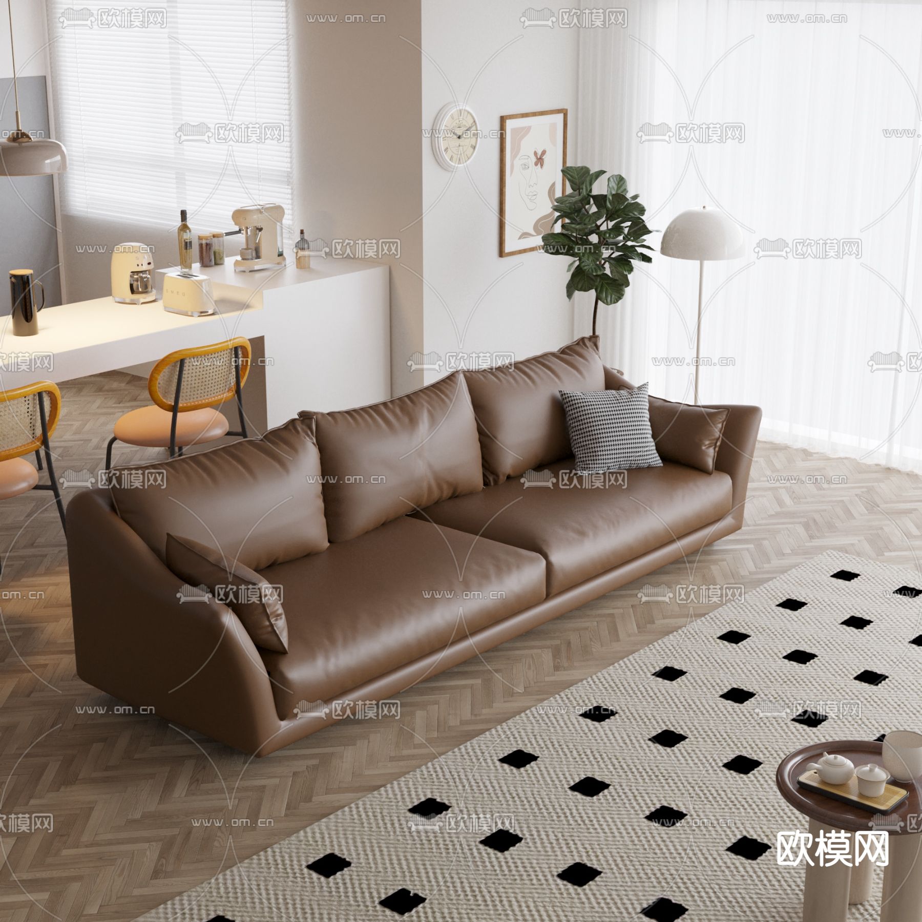 皮革沙发 软体沙发 三人沙发3d模型下载（渲染图1）