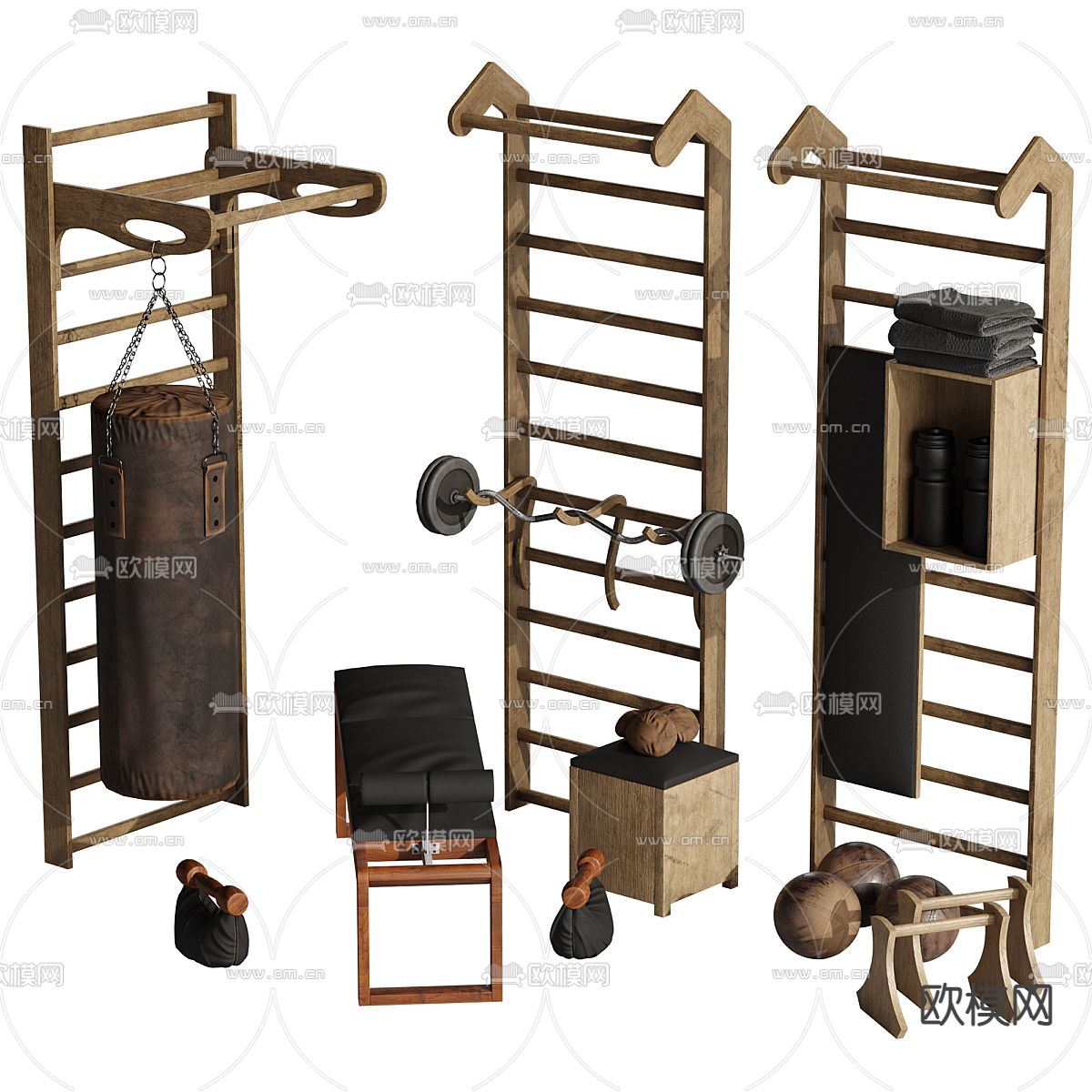 拳击沙袋 哑铃 健身器材3d模型下载（渲染图1）