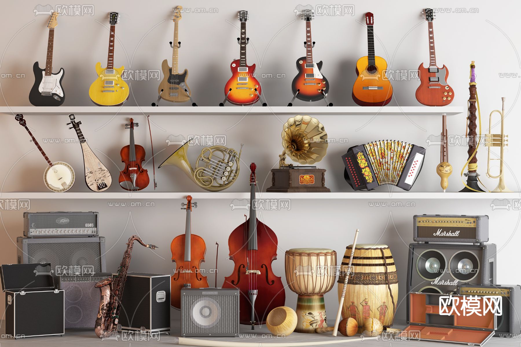 吉他 手风琴 萨克斯 手鼓3d模型下载