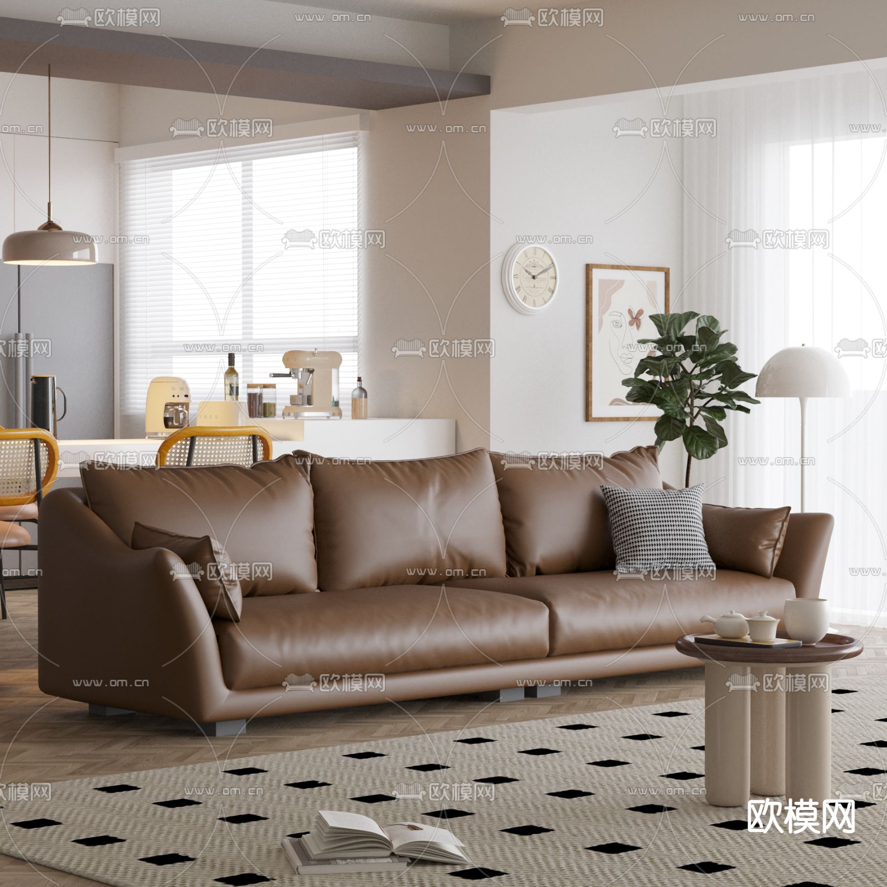 皮革沙发 软体沙发 三人沙发3d模型下载（渲染图2）