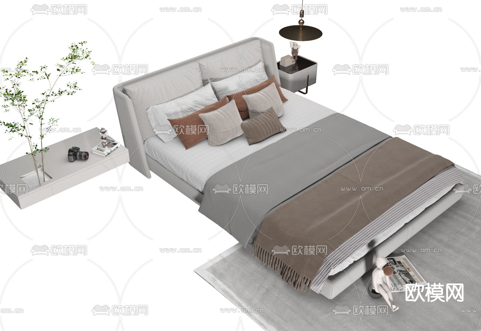 侘寂双人床3d模型下载（渲染图2）