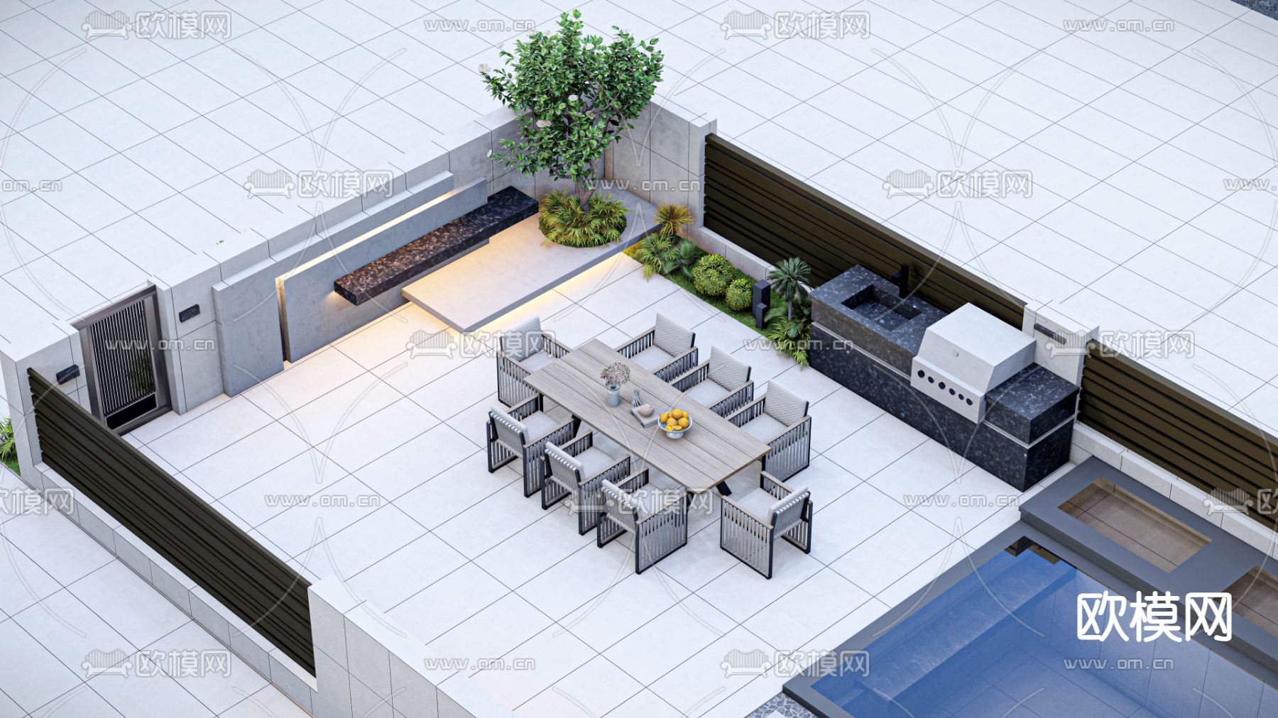 现代别墅庭院 楼顶花园su模型下载（渲染图2）