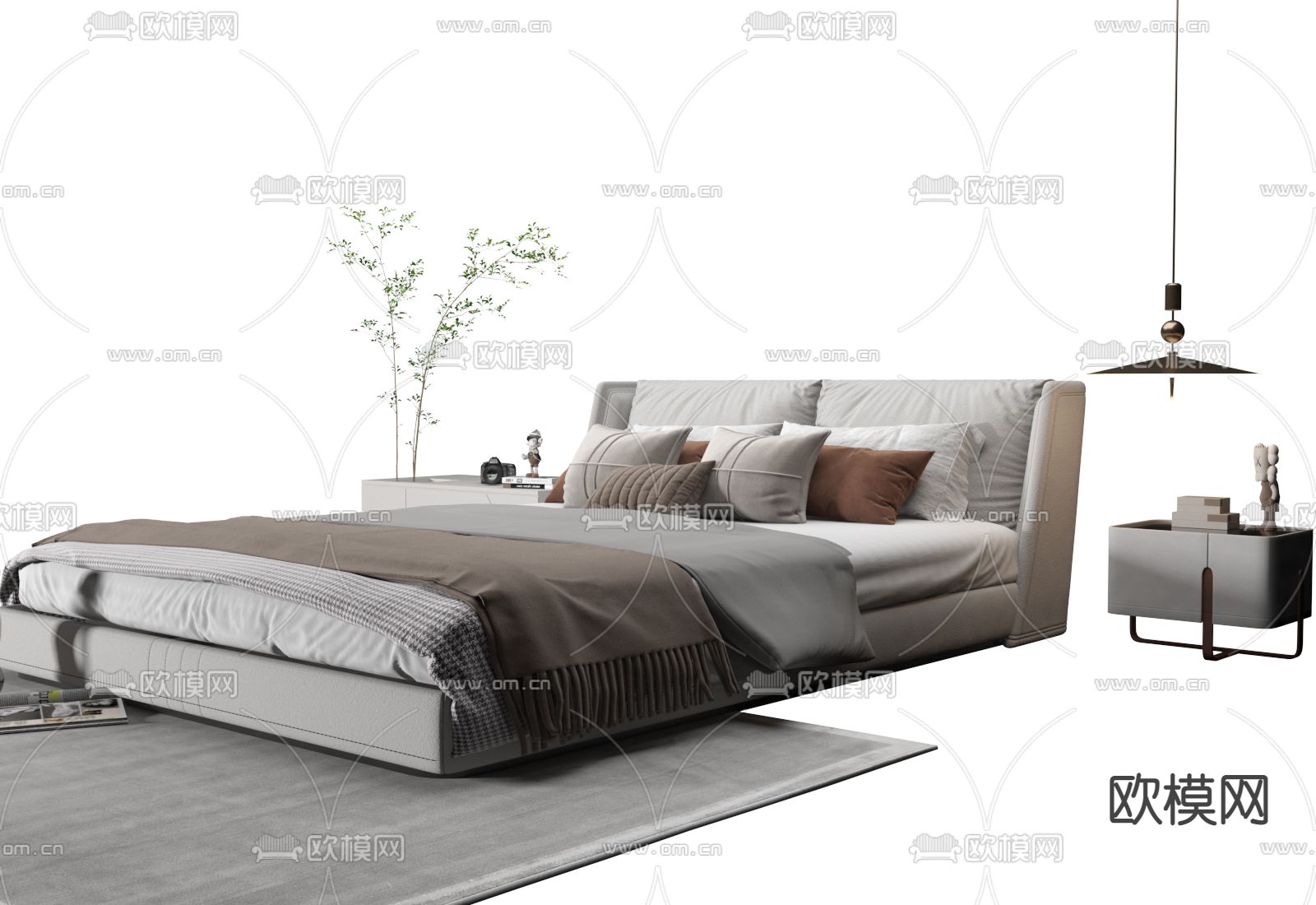 侘寂双人床3d模型下载（渲染图1）