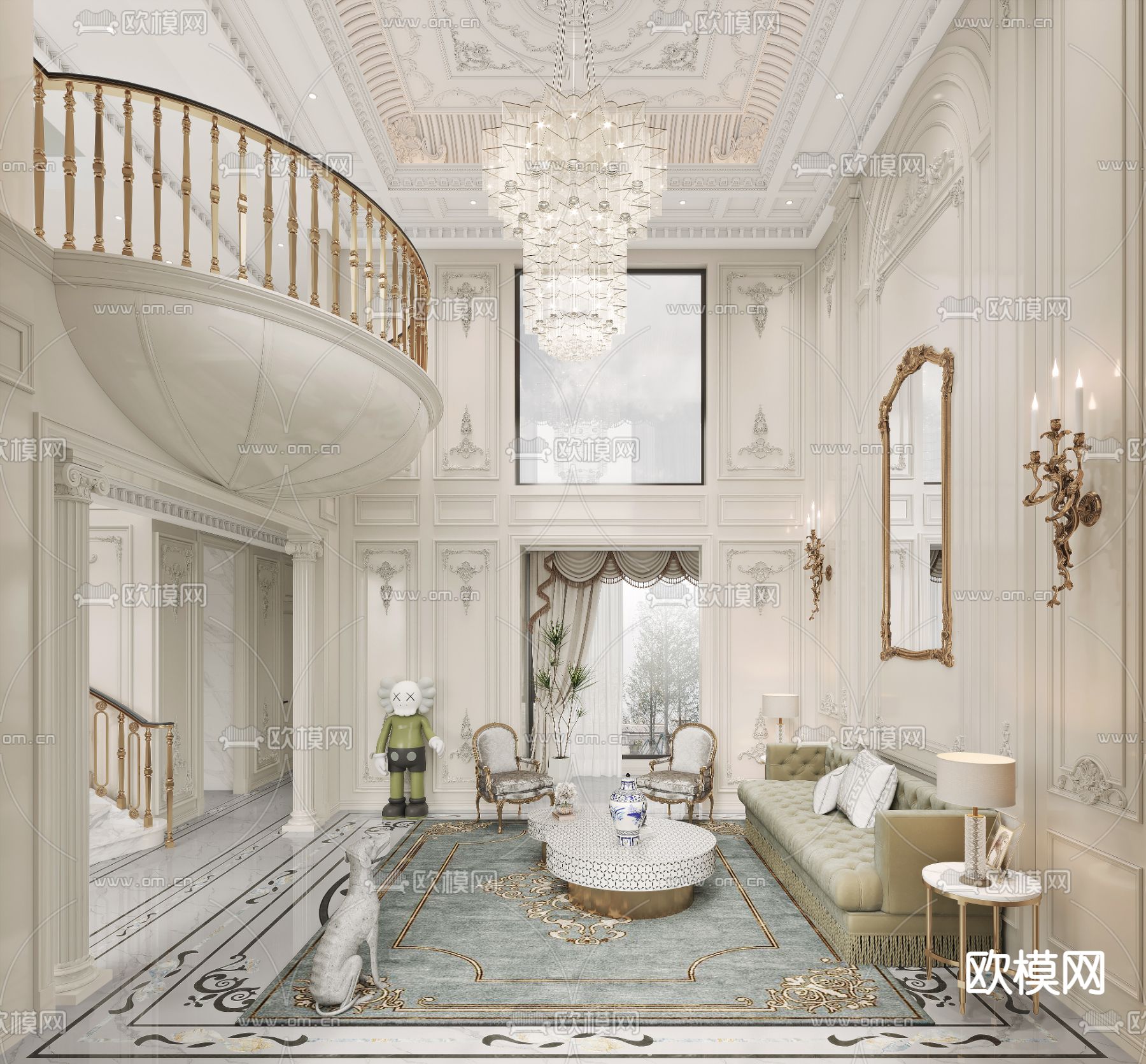 法式别墅大堂3d模型下载（渲染图3）