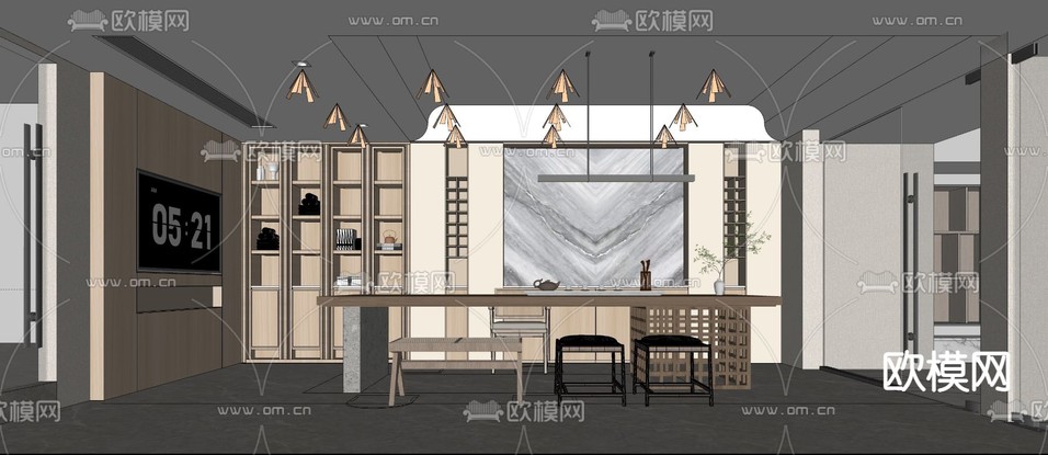 新中式茶室 办公接待室su模型下载_ID13046369_sketchup模型下载-欧模网