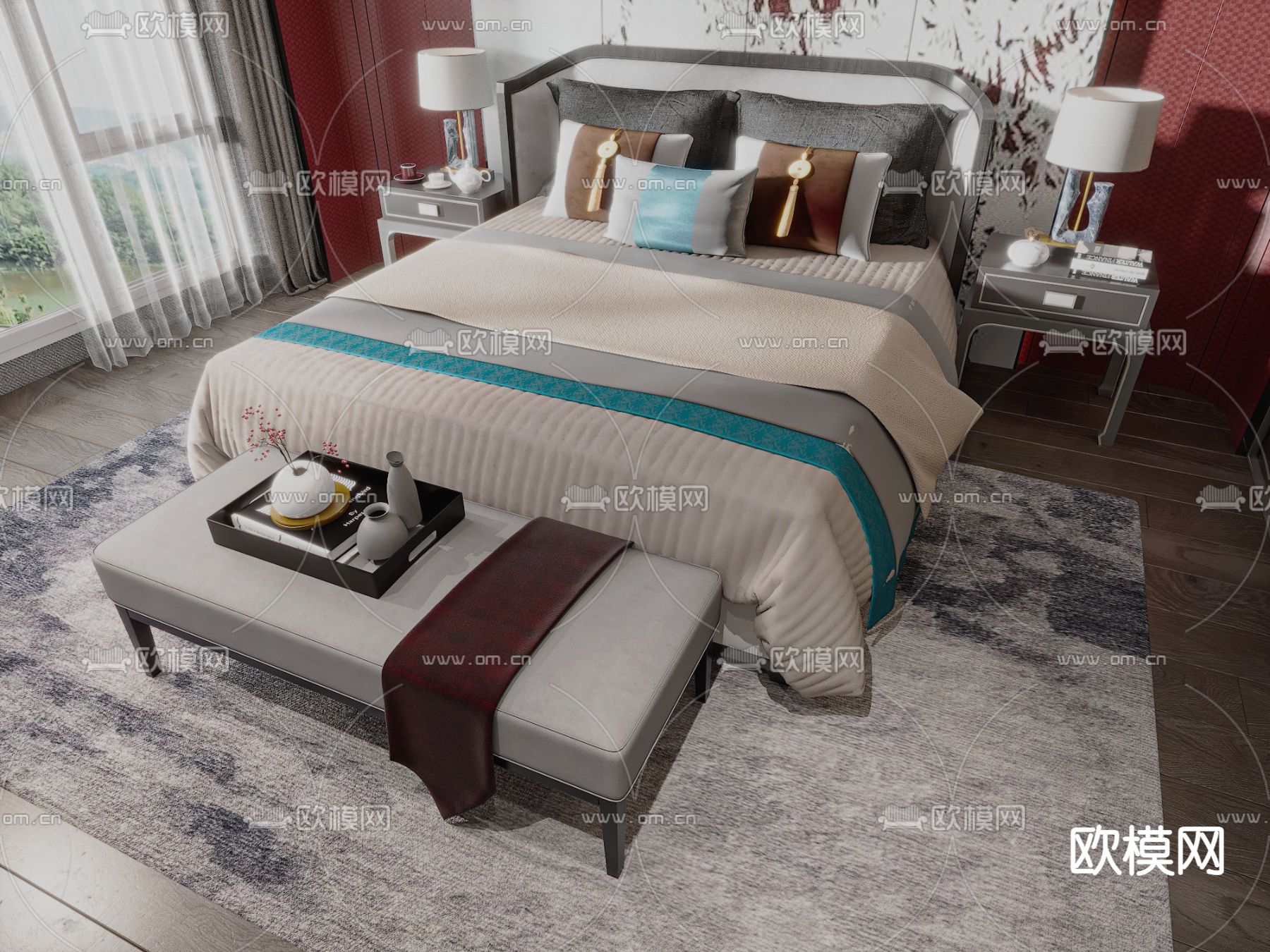 新中式双人床3d模型下载