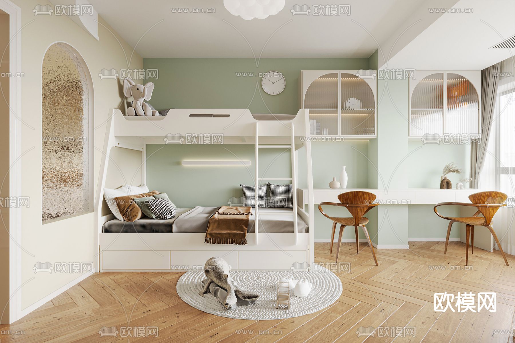 北欧儿童房 上下铺su模型下载（渲染图1）