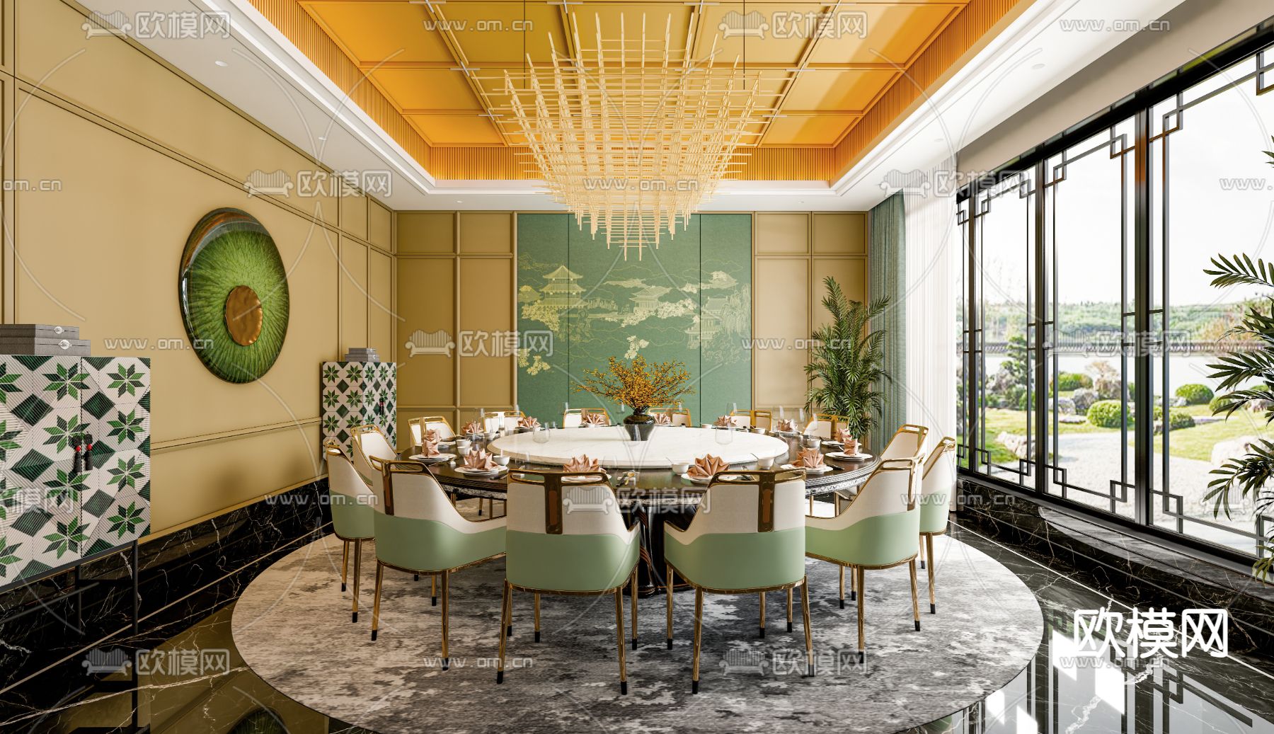 新中式包厢su模型下载（渲染图1）