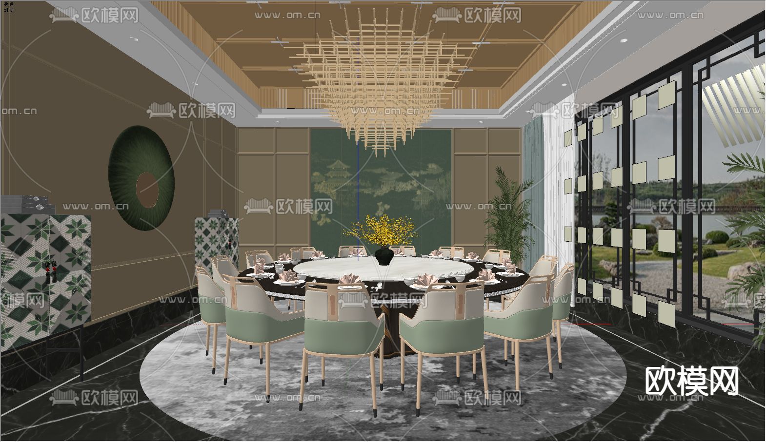 新中式包厢su模型下载（渲染图2）