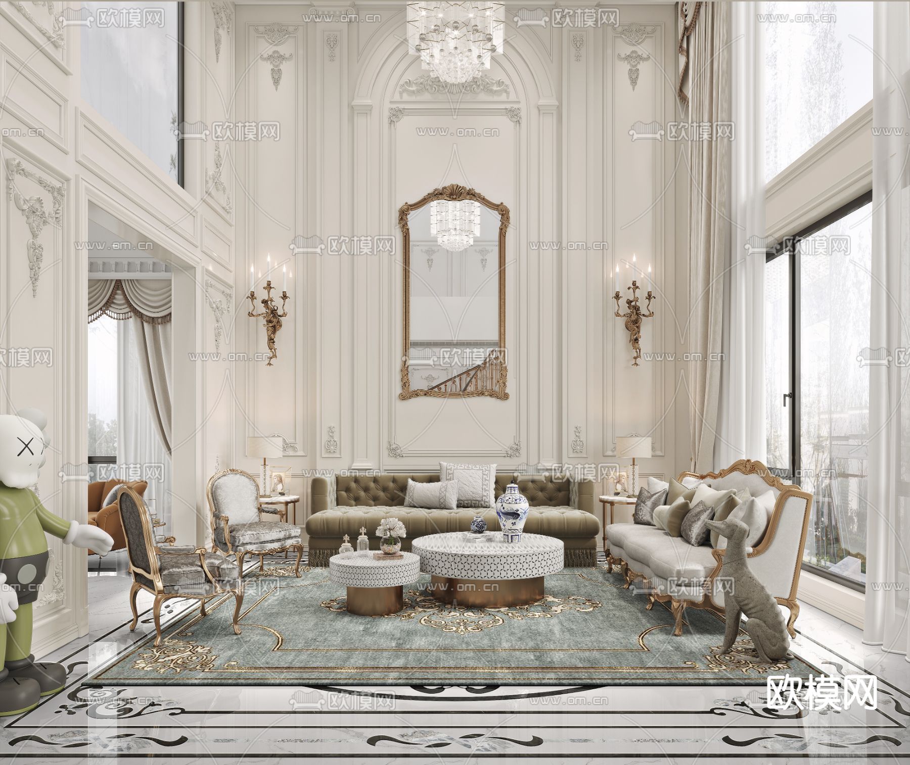 法式别墅大堂3d模型下载（渲染图2）