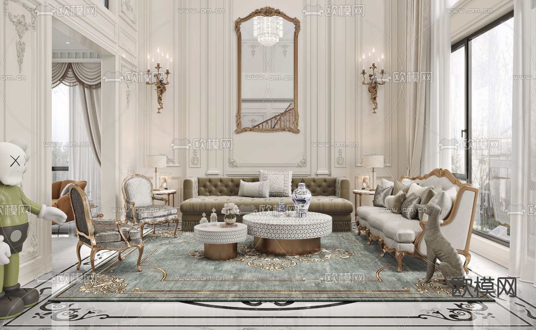 法式别墅大堂3d模型下载（渲染图1）