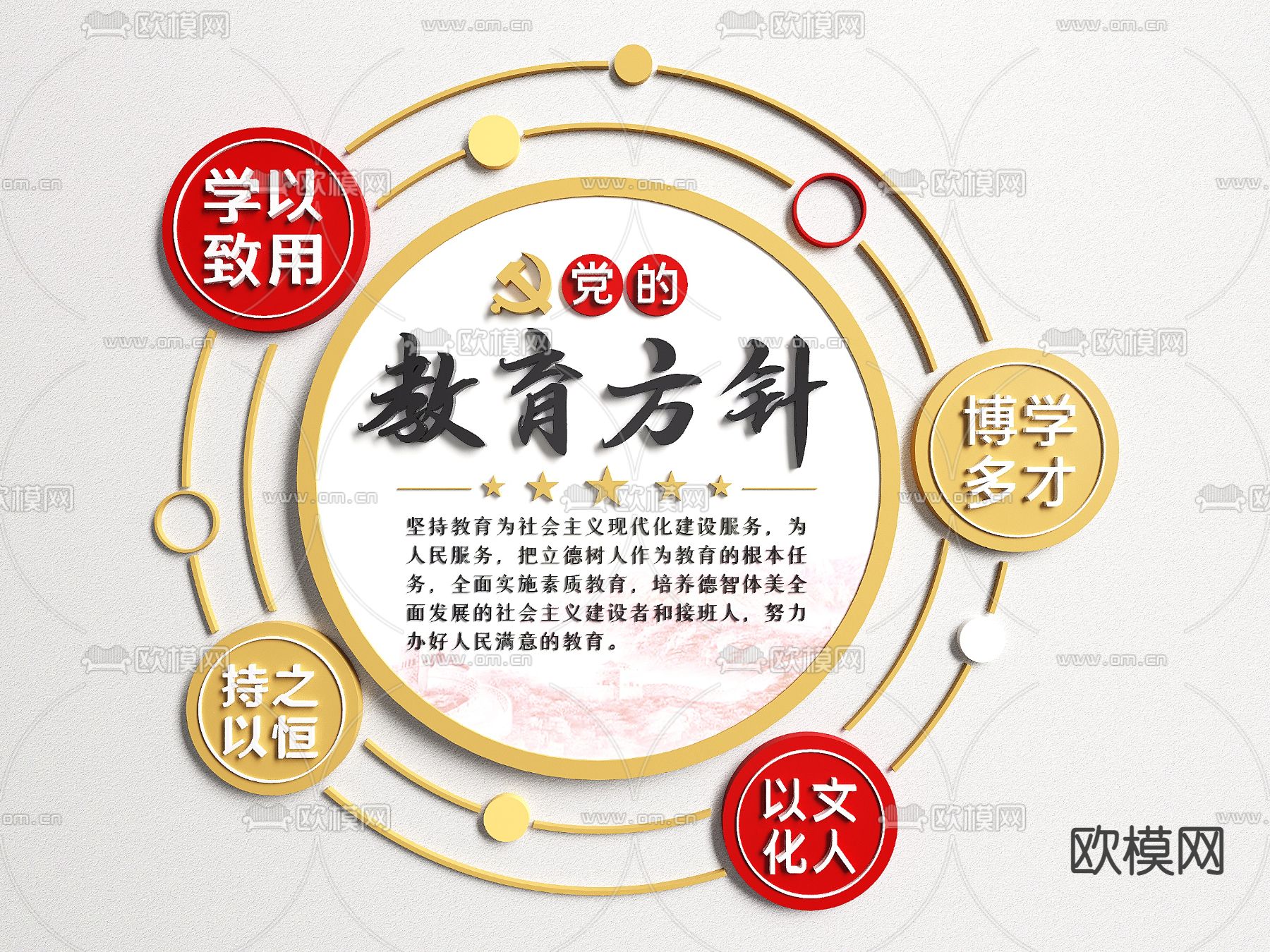 现代党建文化宣传墙 党建背景墙su模型下载（渲染图1）