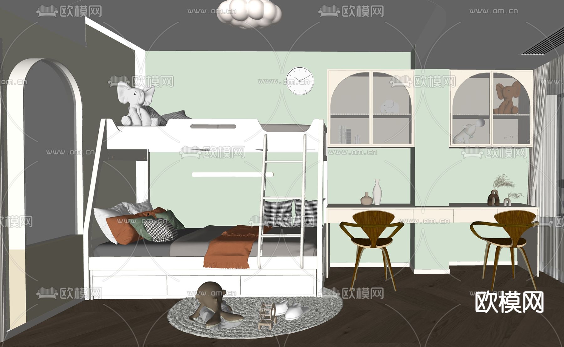 北欧儿童房 上下铺su模型下载（渲染图2）