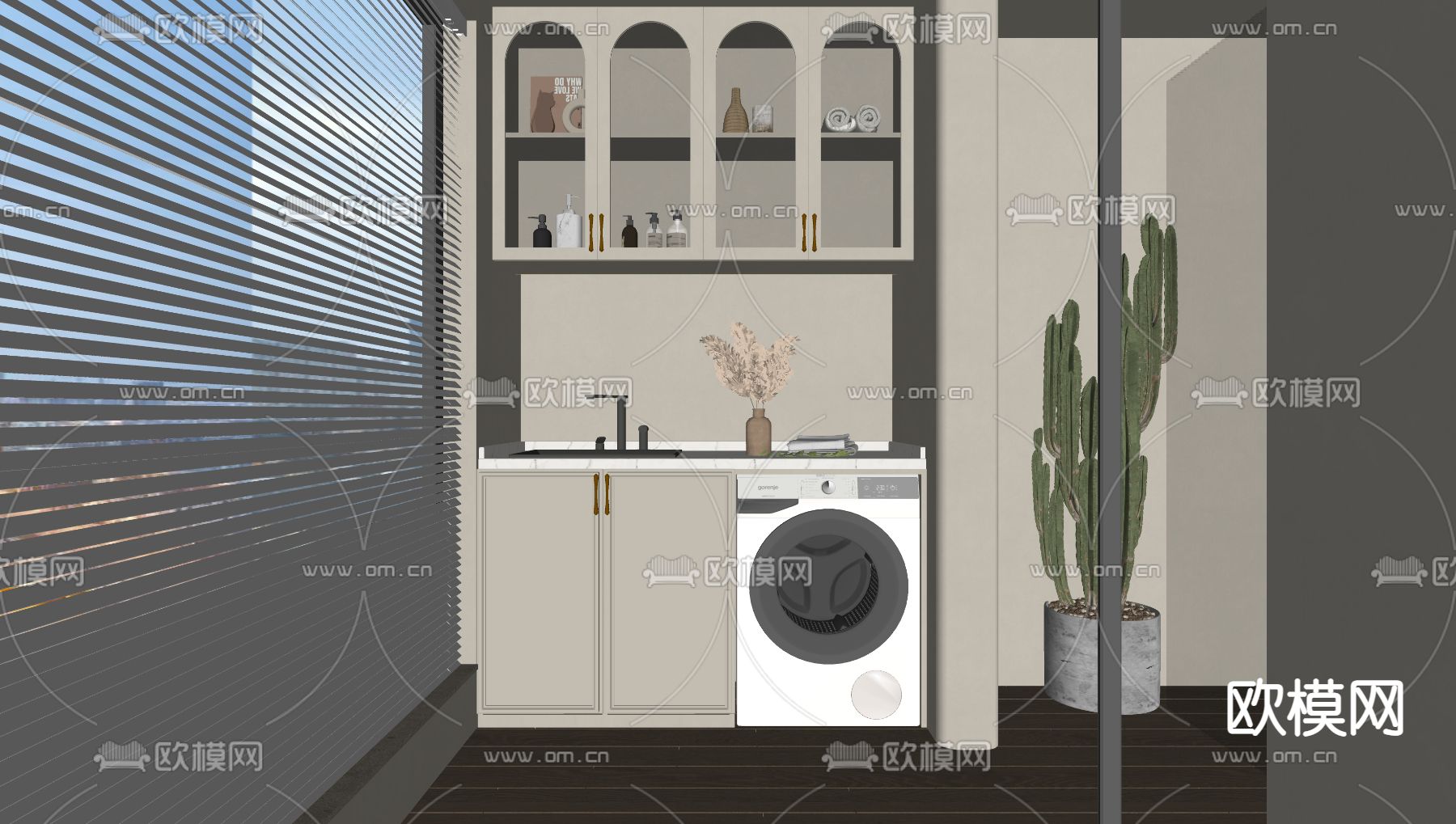 奶油风阳台柜 洗衣机柜su模型下载（渲染图2）