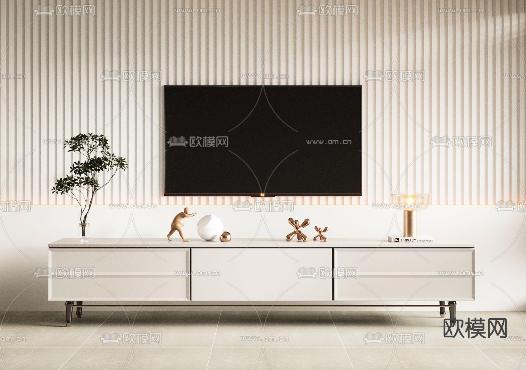 奶油风 电视柜su模型下载（渲染图1）