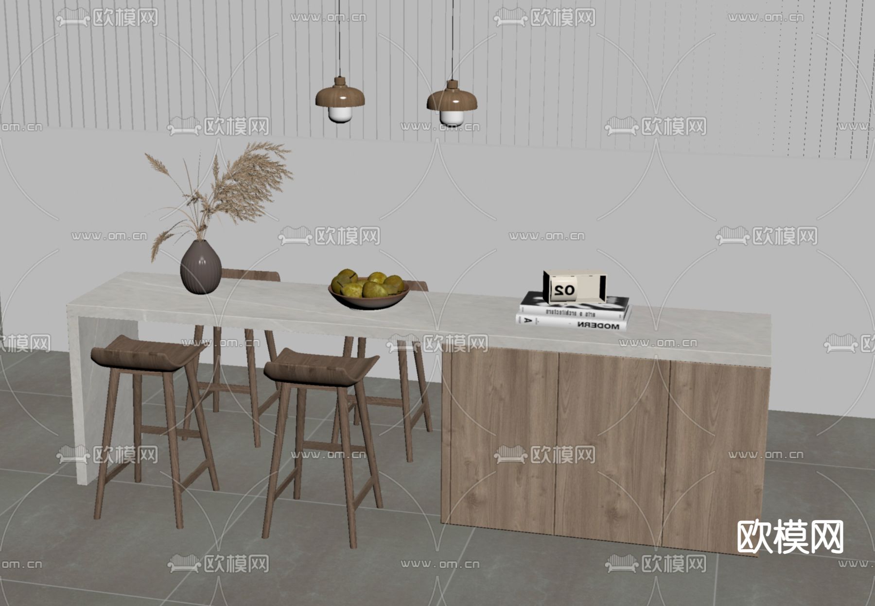 侘寂风中岛台 吧台su模型下载（渲染图2）