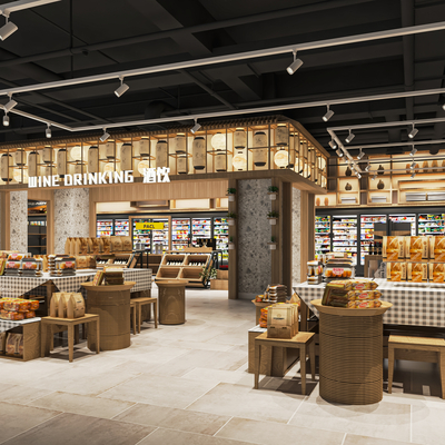  生活超市 生鲜超市 酒水区su模型 