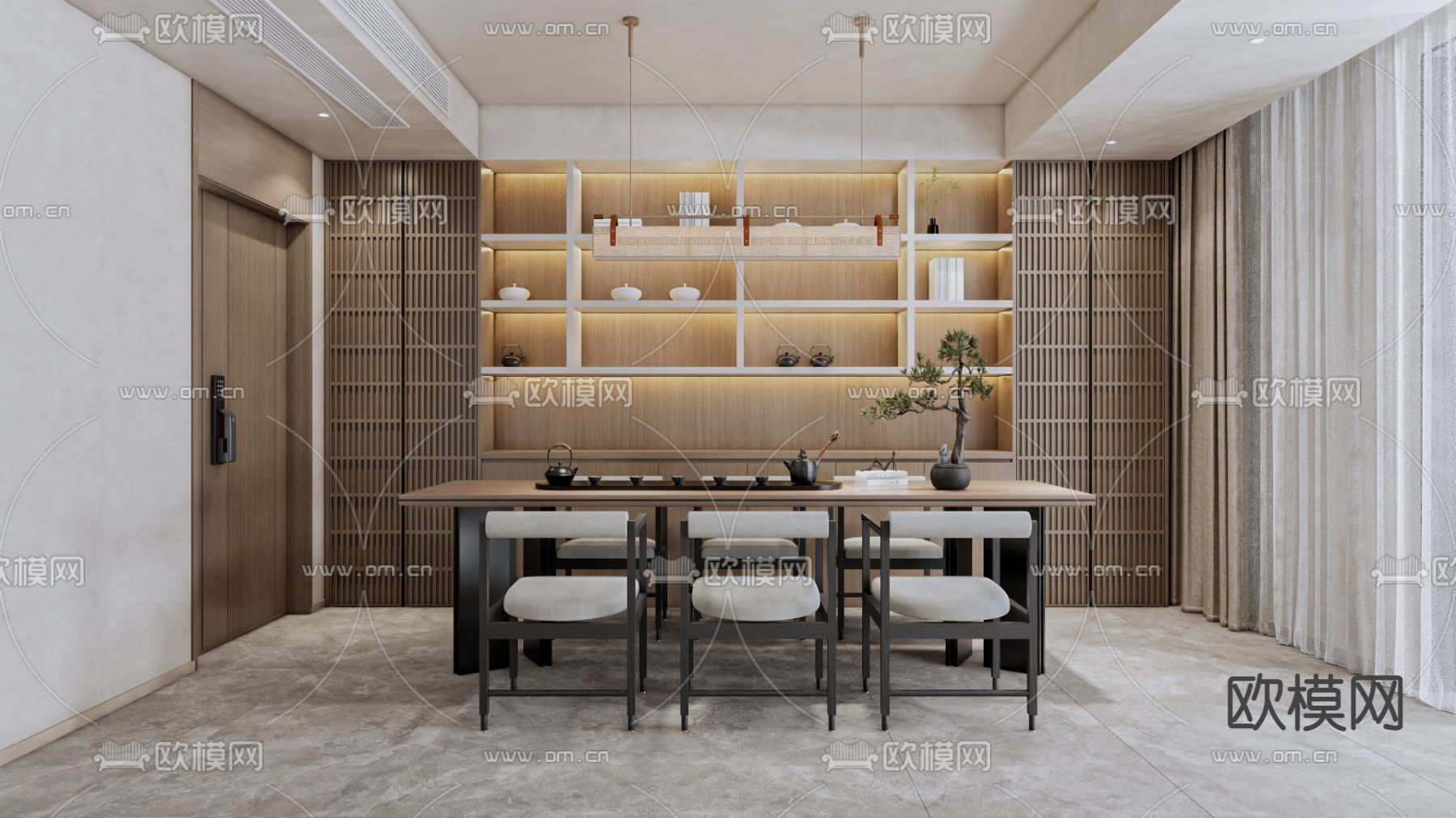 新中式茶室su模型下载（渲染图1）