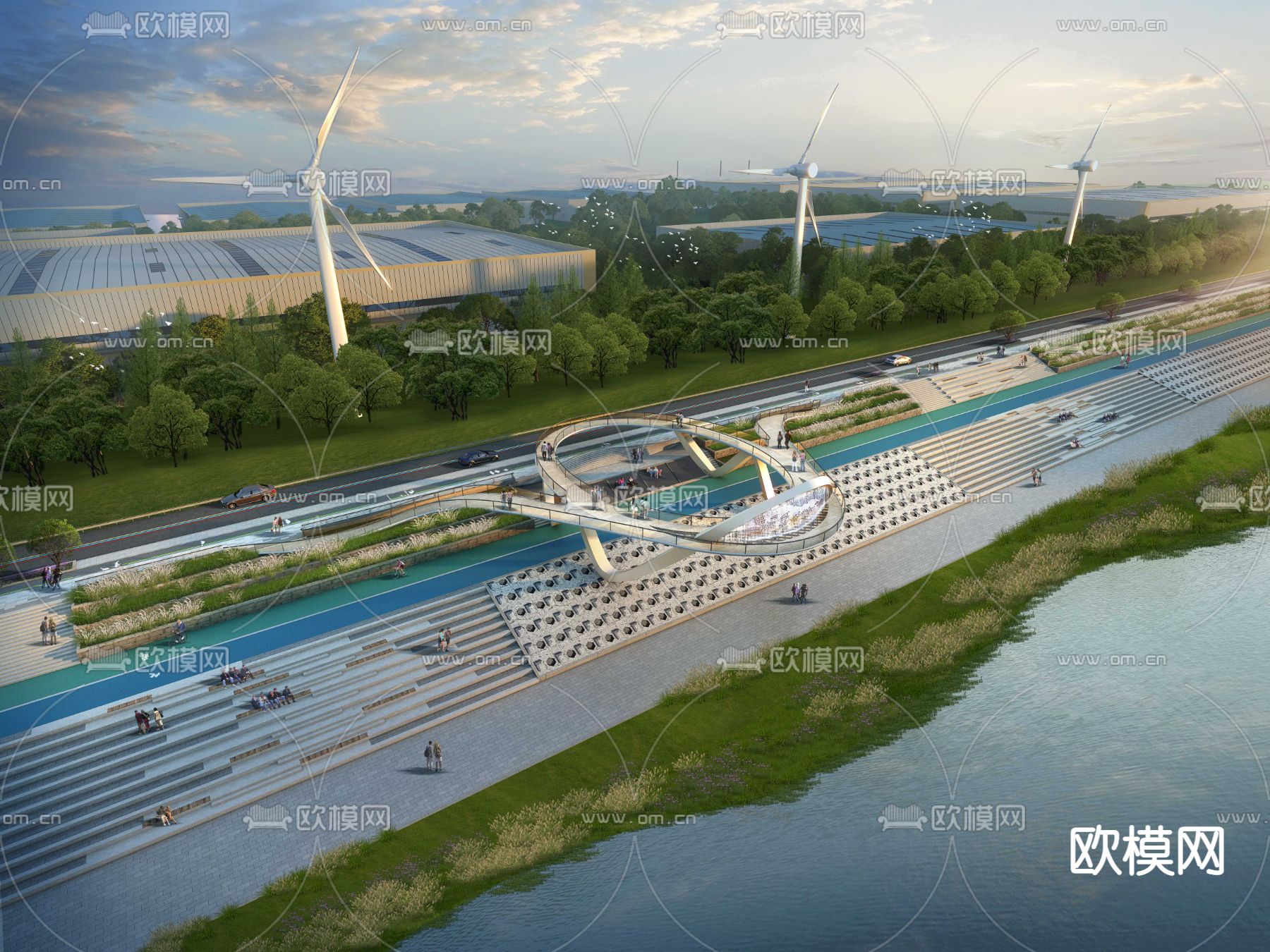 滨河绿地景观 悬空观景平台 风力发电psd下载