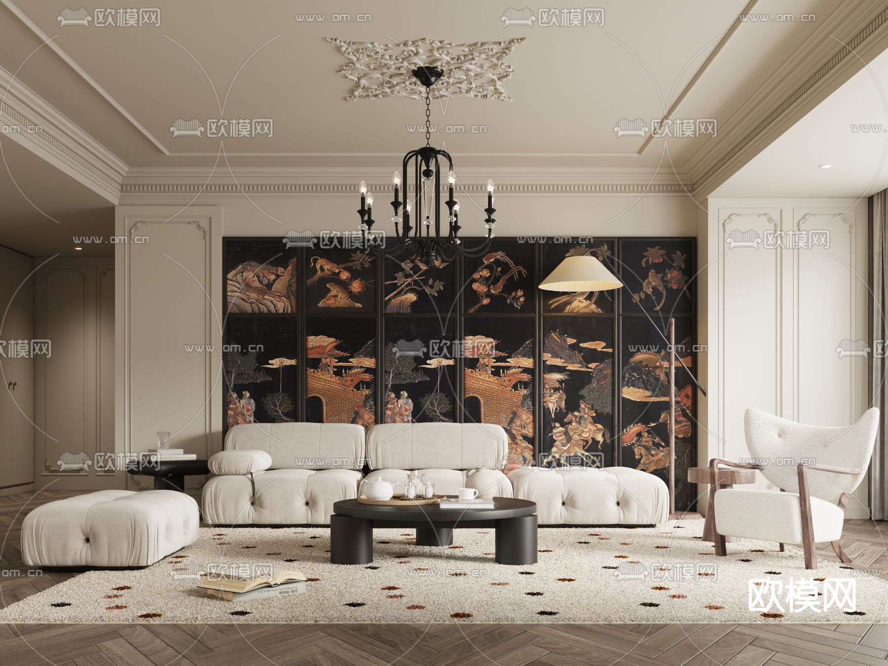 法式客厅su模型下载（渲染图1）