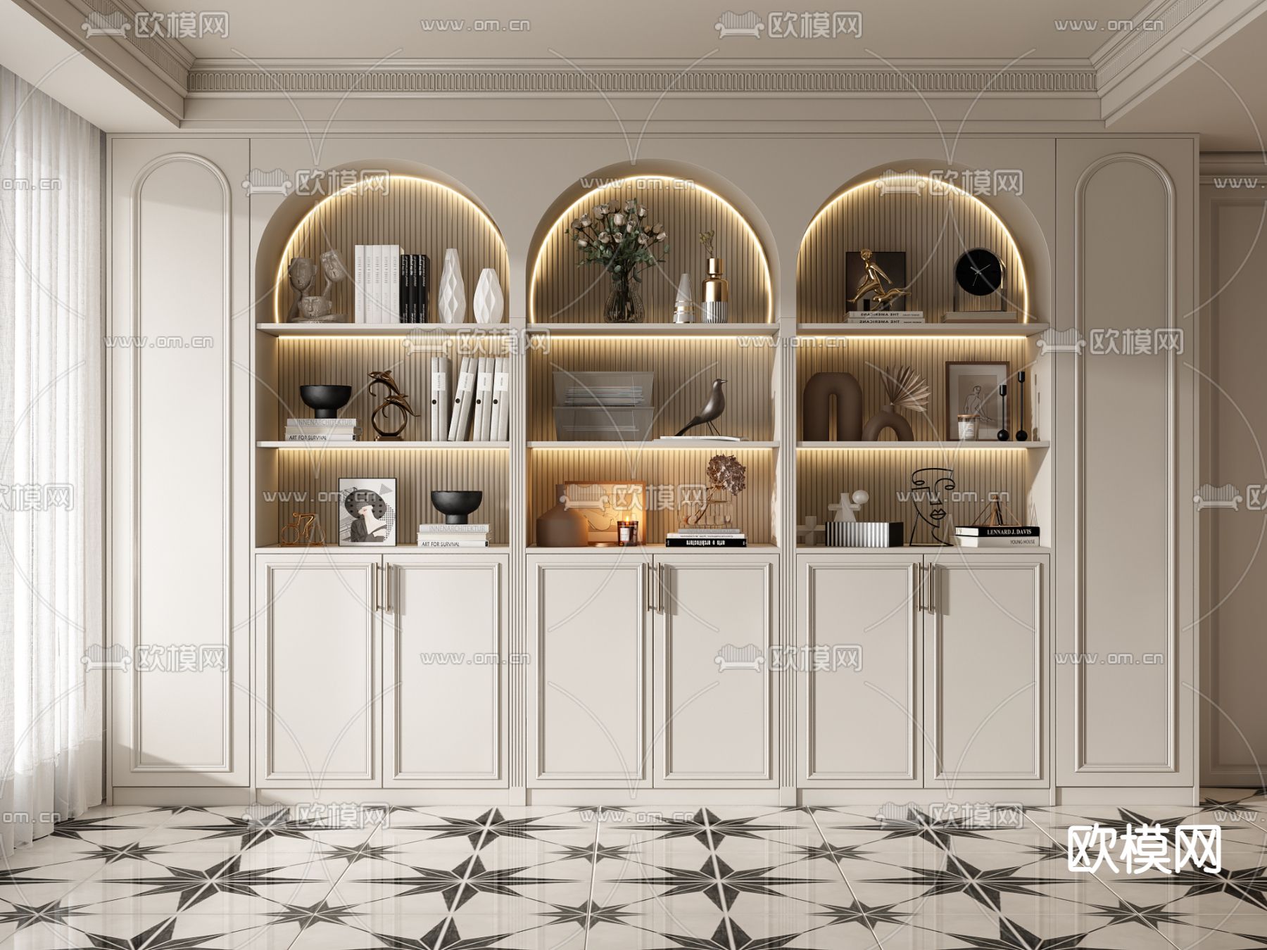 法式书柜 装饰柜 置物柜3d模型下载（渲染图1）