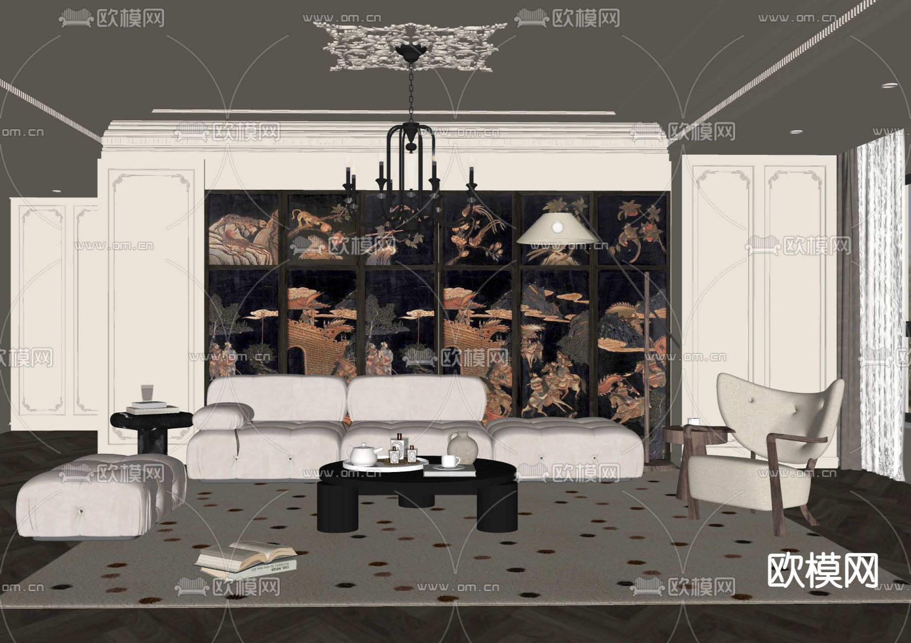 法式客厅su模型下载（渲染图2）